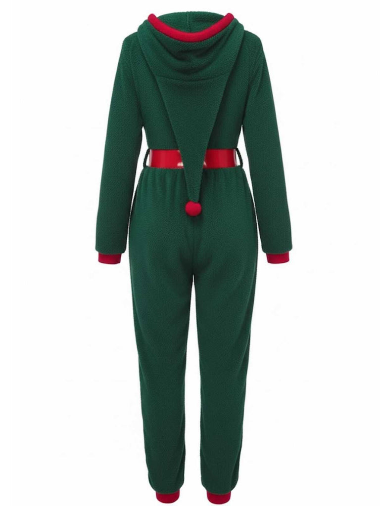 Combinaison pyjama de Noël verte en sherpa à capuche années 1970