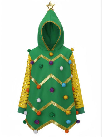 Sweatshirt à capuche sapin de Noël années 1950 avec pompons colorés