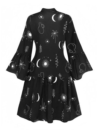 Robe chemise noire à manches évasées imprimée années 1970