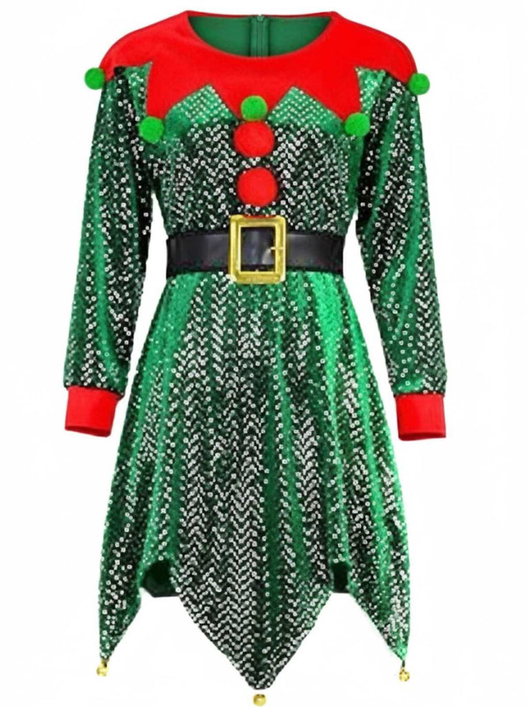 Ensemble de costume d'elfe de Noël à paillettes vertes des années 1950