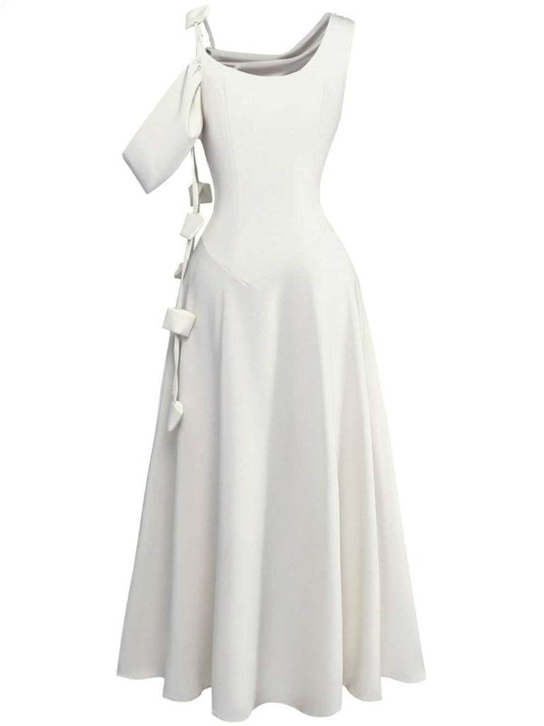 Robe midi asymétrique drapée à une épaule des années 1980