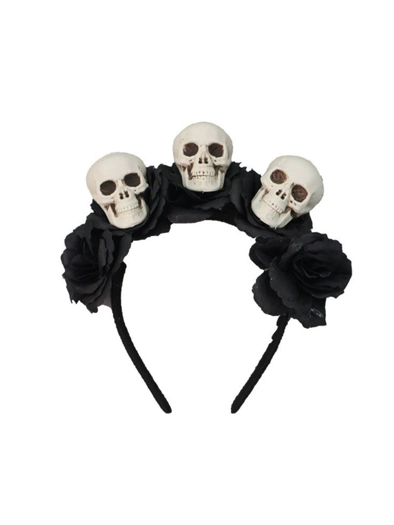 Serre-tête noir Halloween avec tête de mort et roses