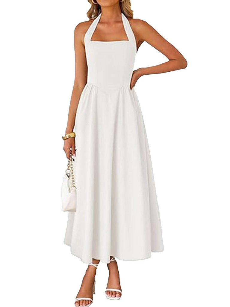 Robe à col licou unie à bretelles larges années 1940