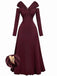 Robe plissée bordeaux épaules dénudées et manches longues années 1940