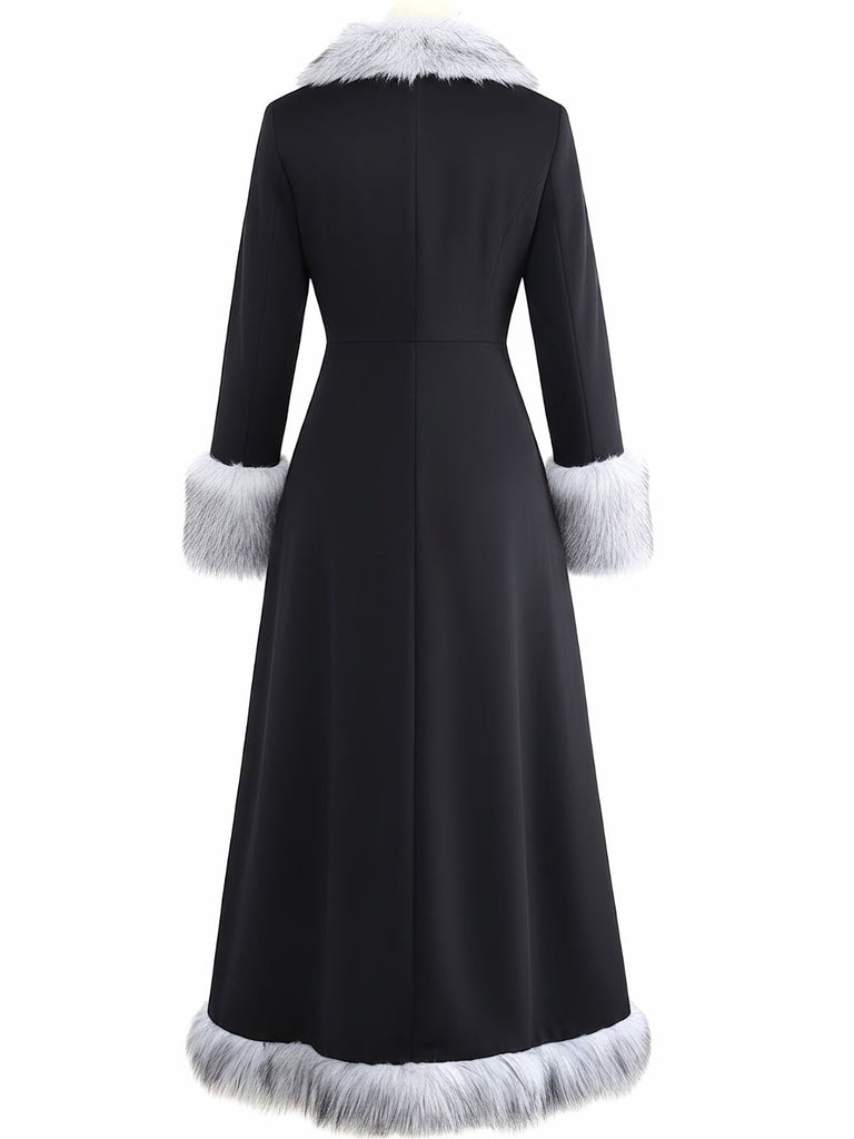 Manteau long noire à bordure en fausse fourrure années 1930