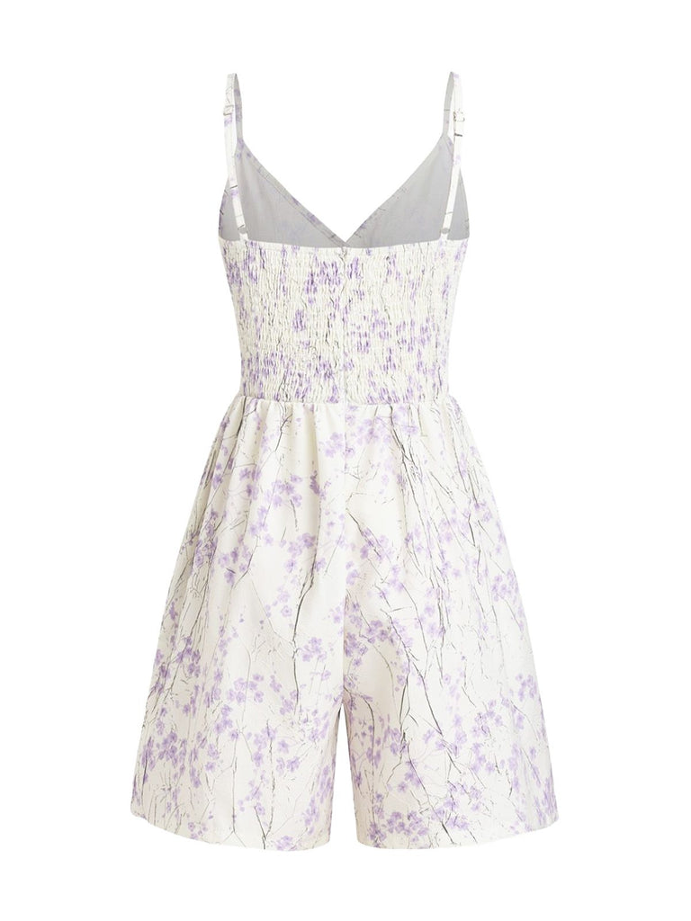 Combishort bretelles spaghetti violette floral années 1970