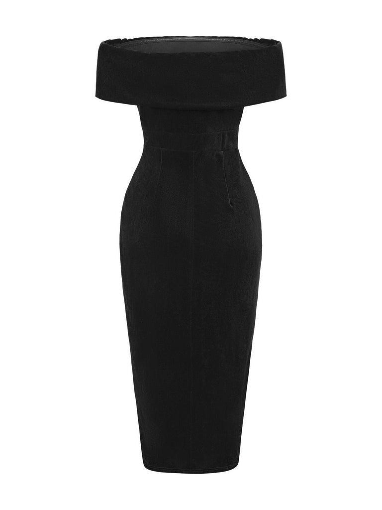 Robe mi-longue à épaules dénudées en velours uni des années 1980