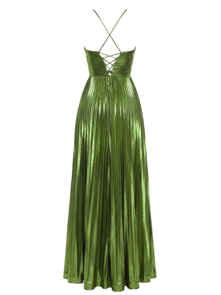 Robe plissée dorée à dos nu et col croisé années 1930
