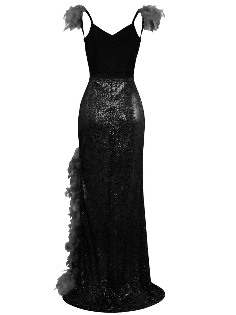 Robe sequins col en V bretelles à plumes fente haute années 1930