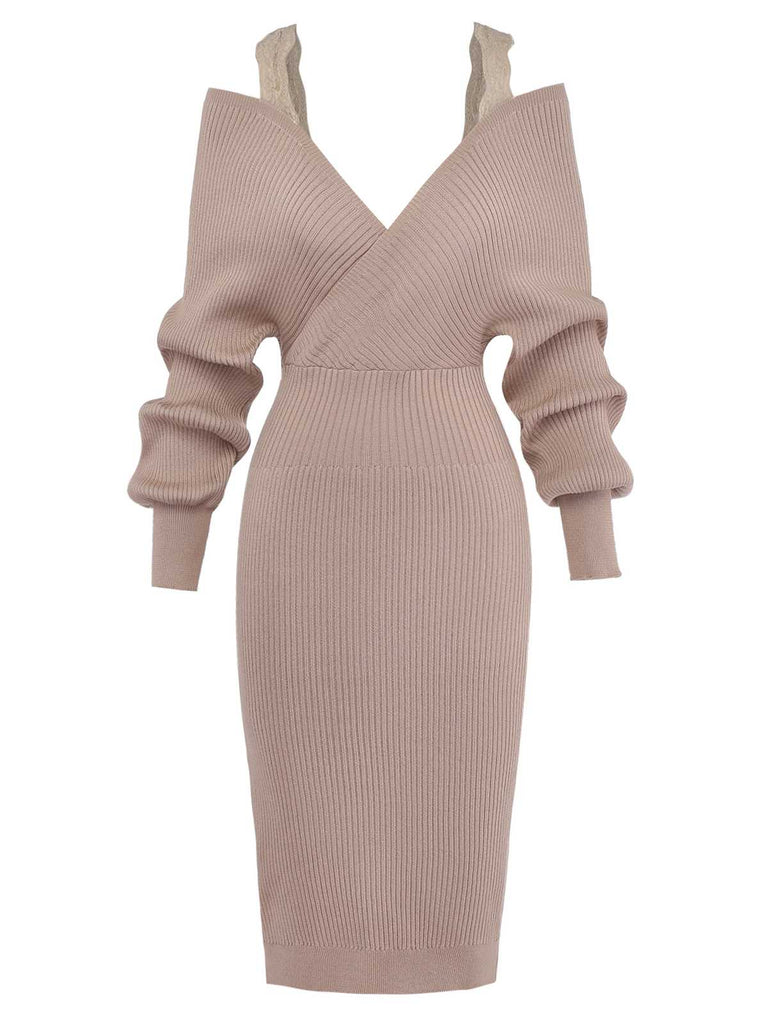 Robe Tricot Kaki Épaules Dénudées Dentelle Fente Années 1960