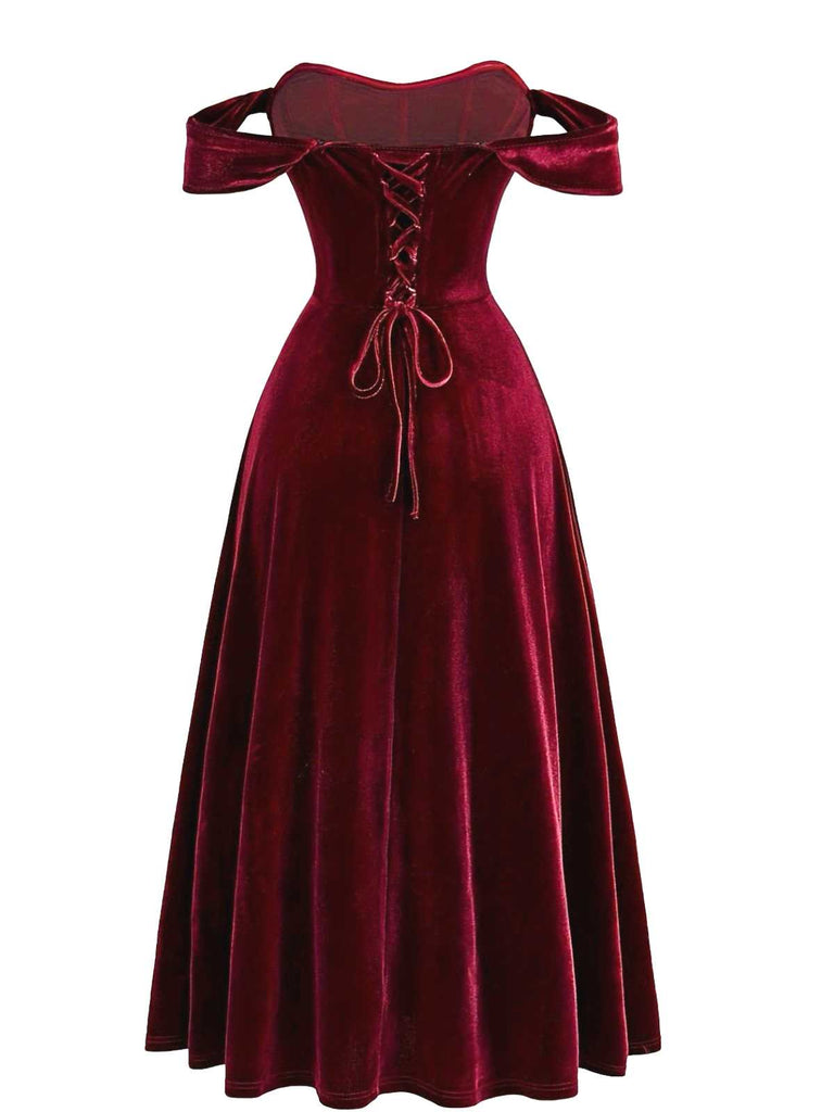 Robe de soirée corsetée en velours rouge bordeaux années 1930