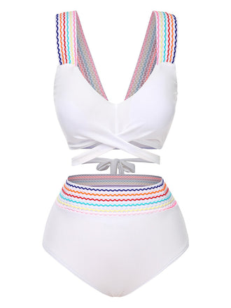 Ensemble bikini à bretelles larges noué dans le dos colorblock des années 1940