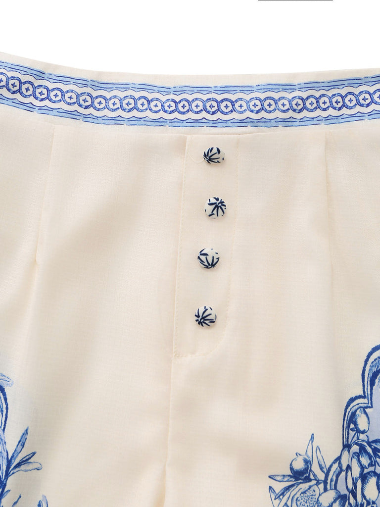 2PCS Ensemble Haut à Manches Longues et Short à Imprimé Floral Porcelaine Années 1950 - 7