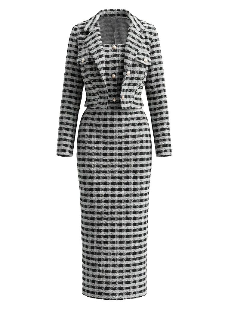 2PCS Ensemble Robe et Veste Blazer en Tweed à Carreaux et Boutons Nacrés Années 1960 - 1