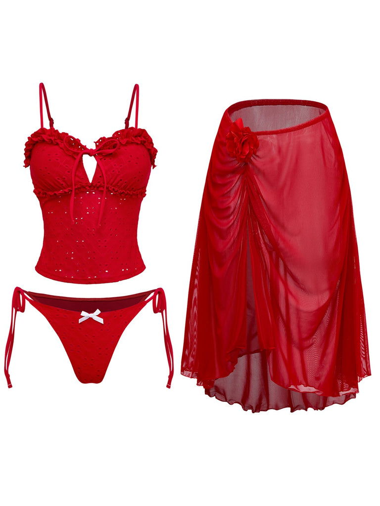 Vintage red tankini swimsuit set with romantic ruffled details and matching mesh cover-up featuring detachable 3D florals and high-low hemline for 1960s beach styling