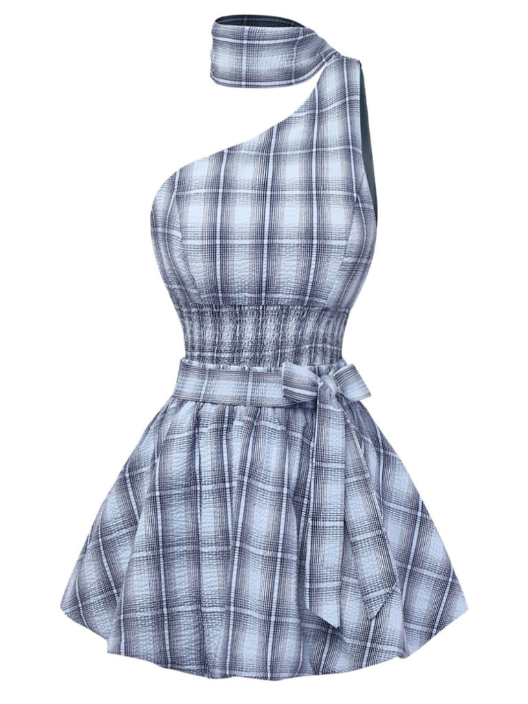 Plaid dress with a belt on a white background