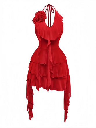 Robe dos nu rouge à volants et laçage floral 3D des années 60
