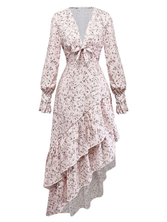 Robe multicolore à fleurs col en V et ourlet à volants irréguliers des années 1940