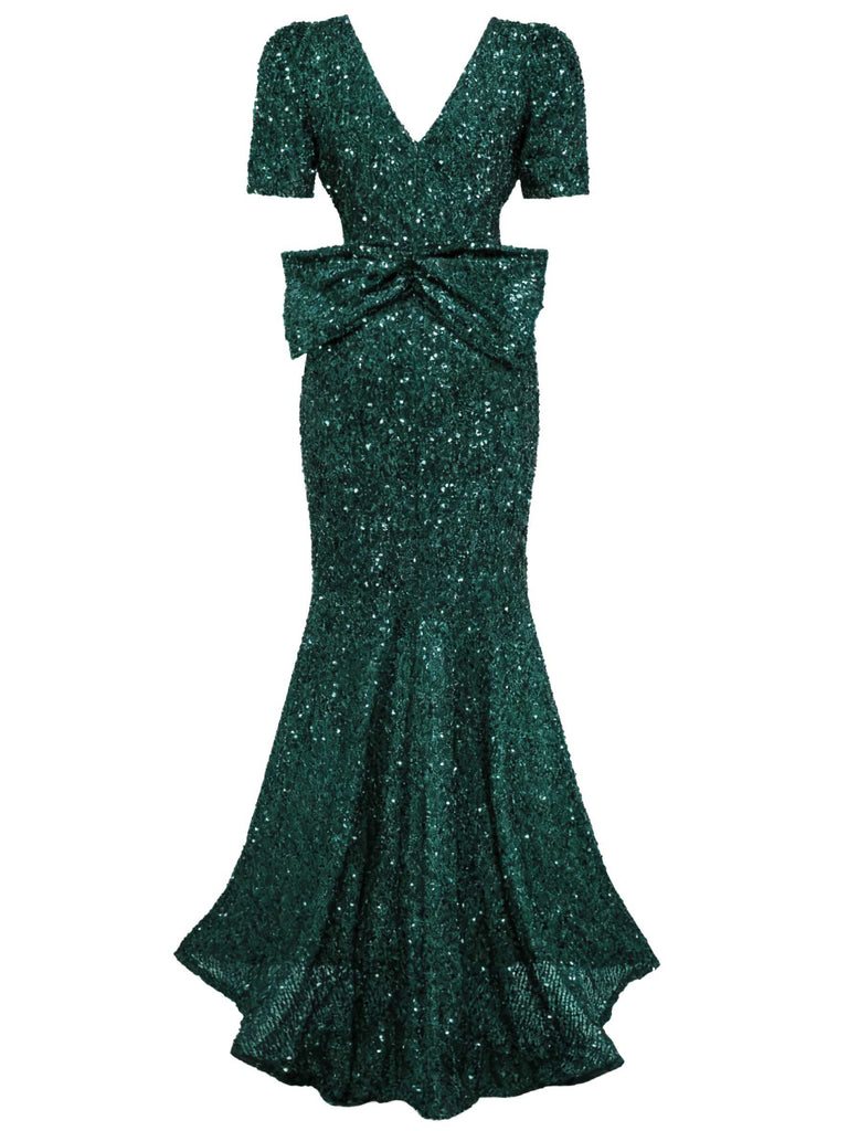 Robe sirène longue à paillettes et nœud rouge vin années 30