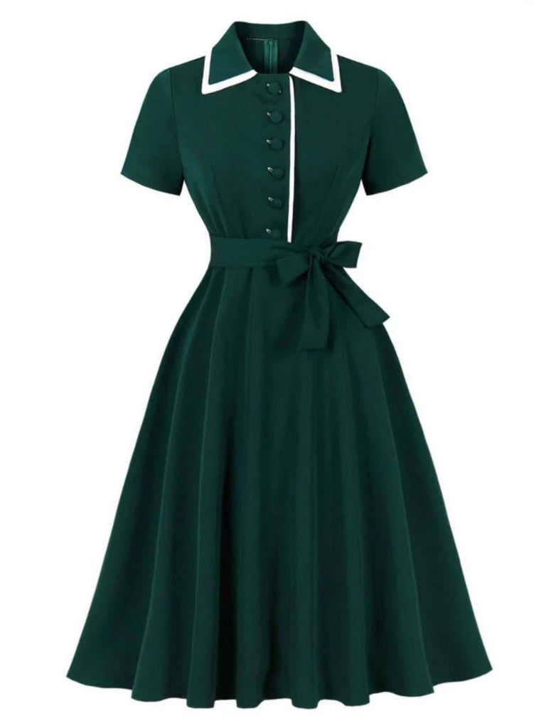 Robe trapèze vert foncé à revers contrastés années 1950