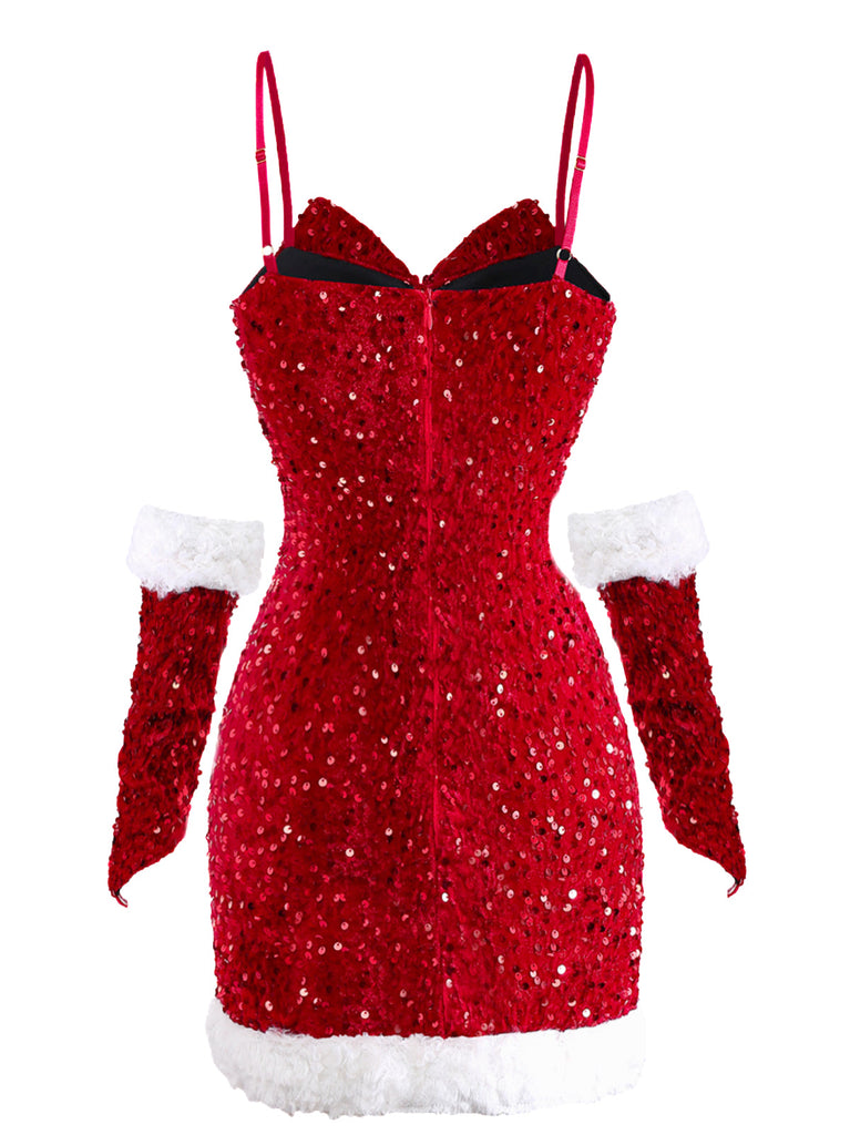 Ensemble robe rouge à paillettes torsadées Noël années 1960
