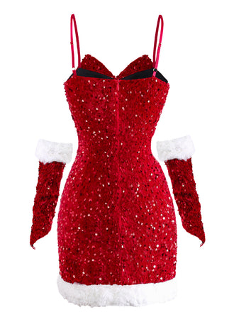 Ensemble robe rouge à paillettes torsadées Noël années 1960