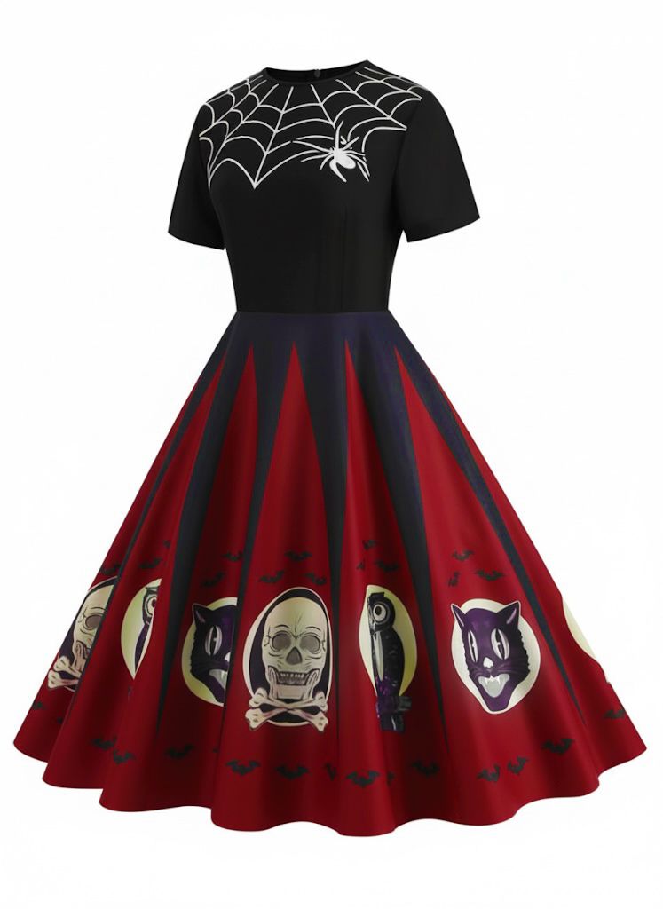 Robe patchwork imprimé toile d'araignée pour Halloween des années 1950
