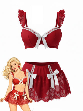 Ensemble de vêtements d'intérieur de soubrette nœud en dentelle années 1980