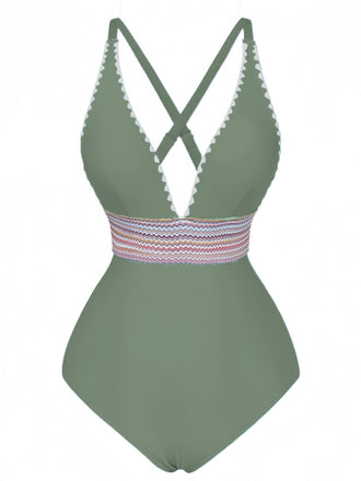 Maillot De Bain Une Pièce Col V Profond Ondulé Patchwork Année 1940
