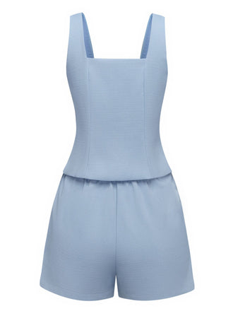 2PCS Haut boutonné à col carré et short bleu uni des années 1960