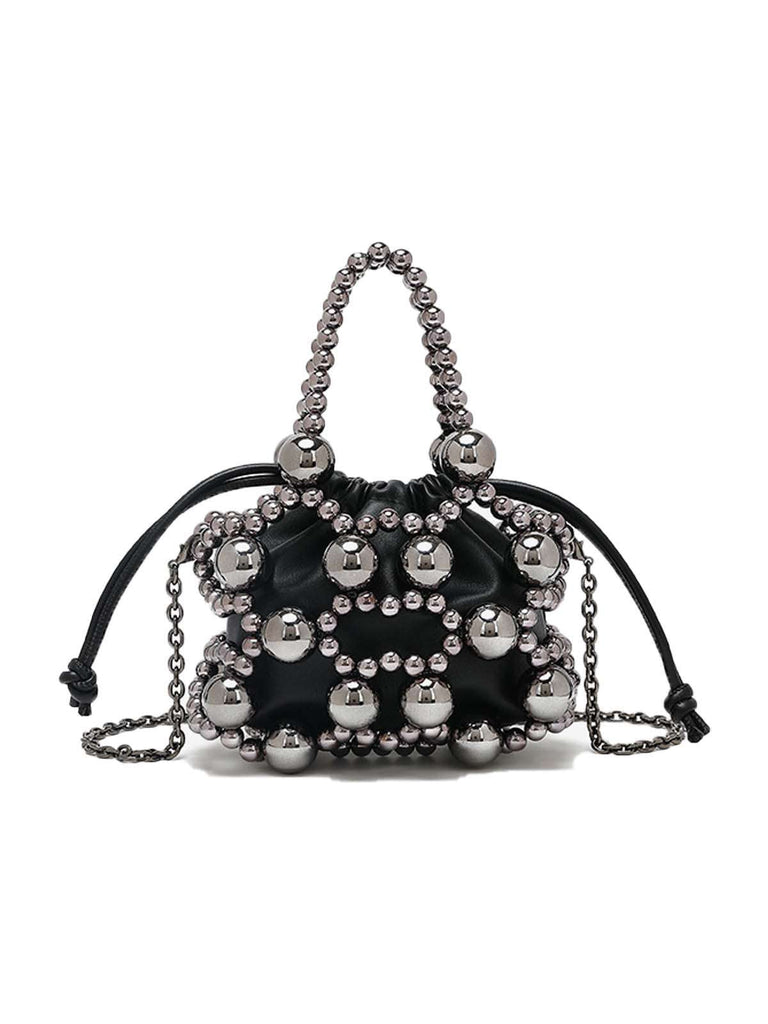 Mini sac seau à cordon de serrage et perles métalliques