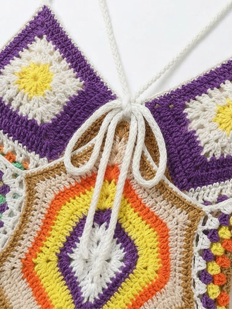 Robe paréo crochet main imprimé irrégulier bohème 1980s