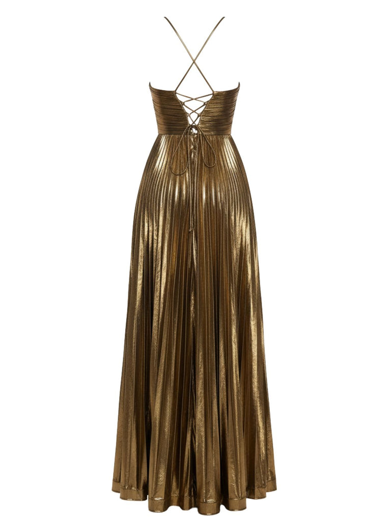 Robe plissée dorée à dos nu et col croisé années 1930