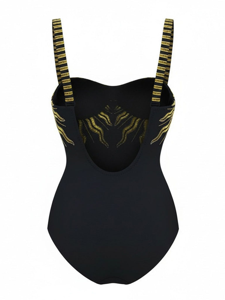 Maillot de bain et paréo dos nu à paillettes noires motif tournesol années 1950