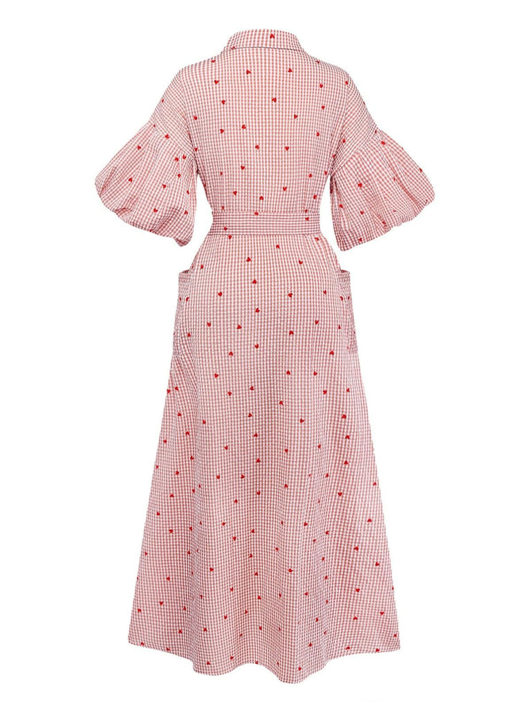 Robe Ceinturée Rose Carreaux Cœur Manches Lanterne Années 1940
