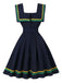 Robe sans manches à rayures ondulées bleu marine col carré années 1950