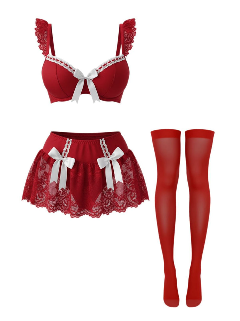 Ensemble de vêtements d'intérieur de soubrette nœud en dentelle années 1980