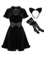 Ensemble robe noire en velours ajouré à nœud et motif chat Halloween Années 1980