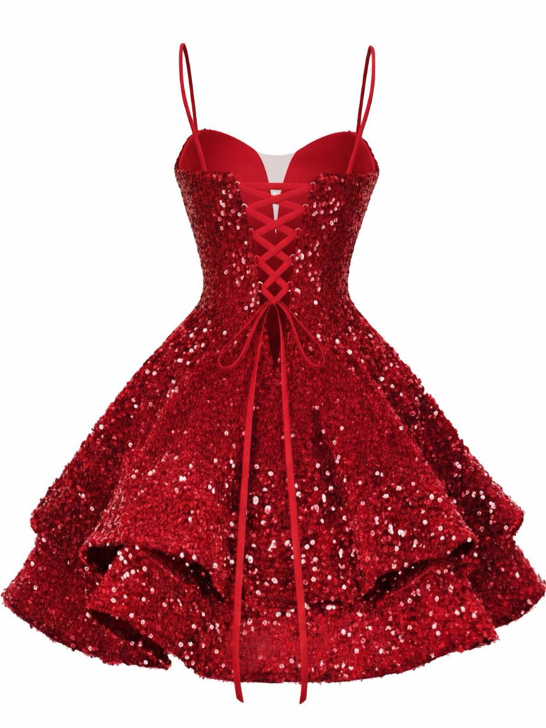 Robe de soirée mini rouge à paillettes décolleté en V profond et lacets années 1950