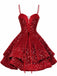Robe de soirée mini rouge à paillettes décolleté en V profond et lacets années 1950