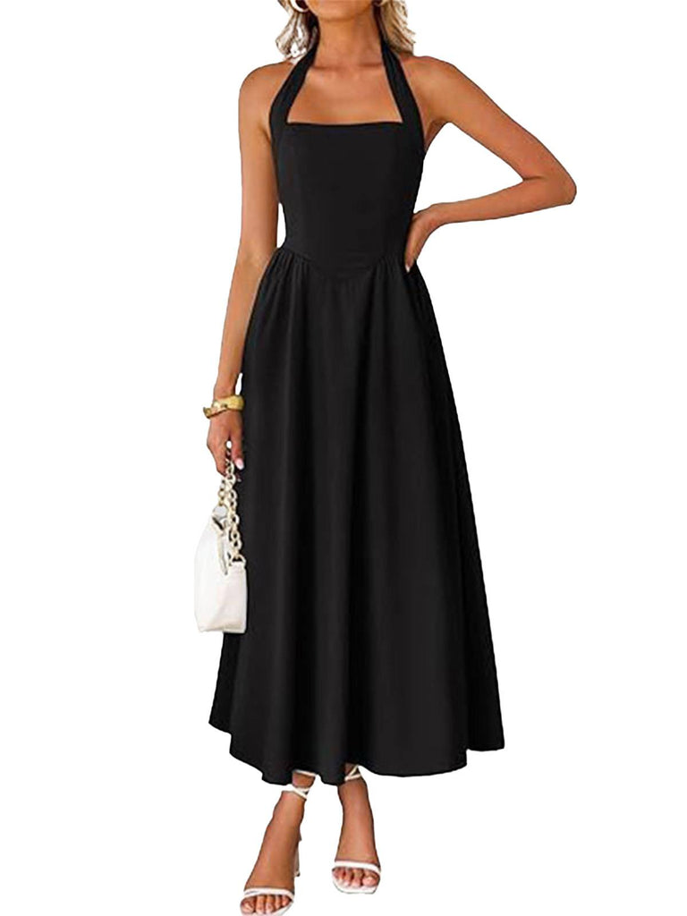 Robe à col licou unie à bretelles larges années 1940