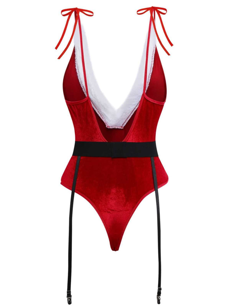 Body de Noël en peluche col en V profond des années 1970 avec chapeau