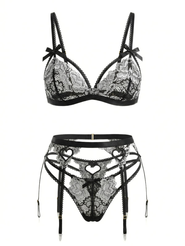 3PCS Ensemble De Lingerie Dentelle Noire Motif Cœur Année 1960