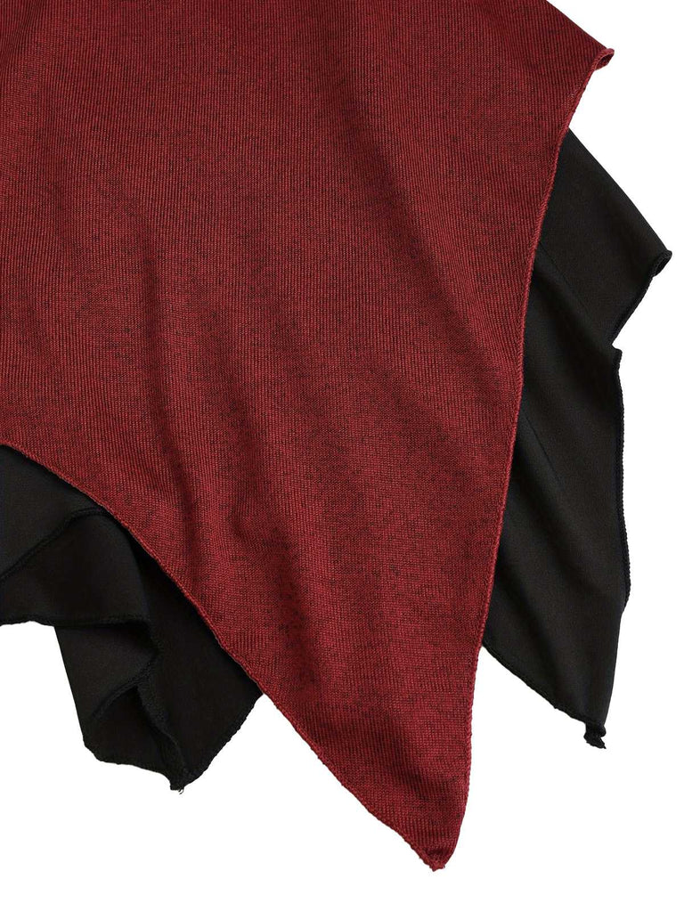 Haut tunique à capuche gothique rouge à ourlet asymétrique des années 1980