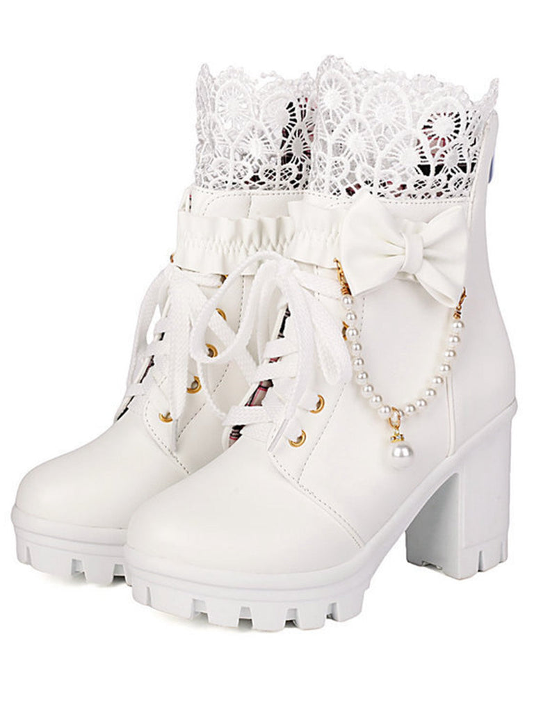 Bottes À Talons Épais Dentelle Perles Nœud Vintage