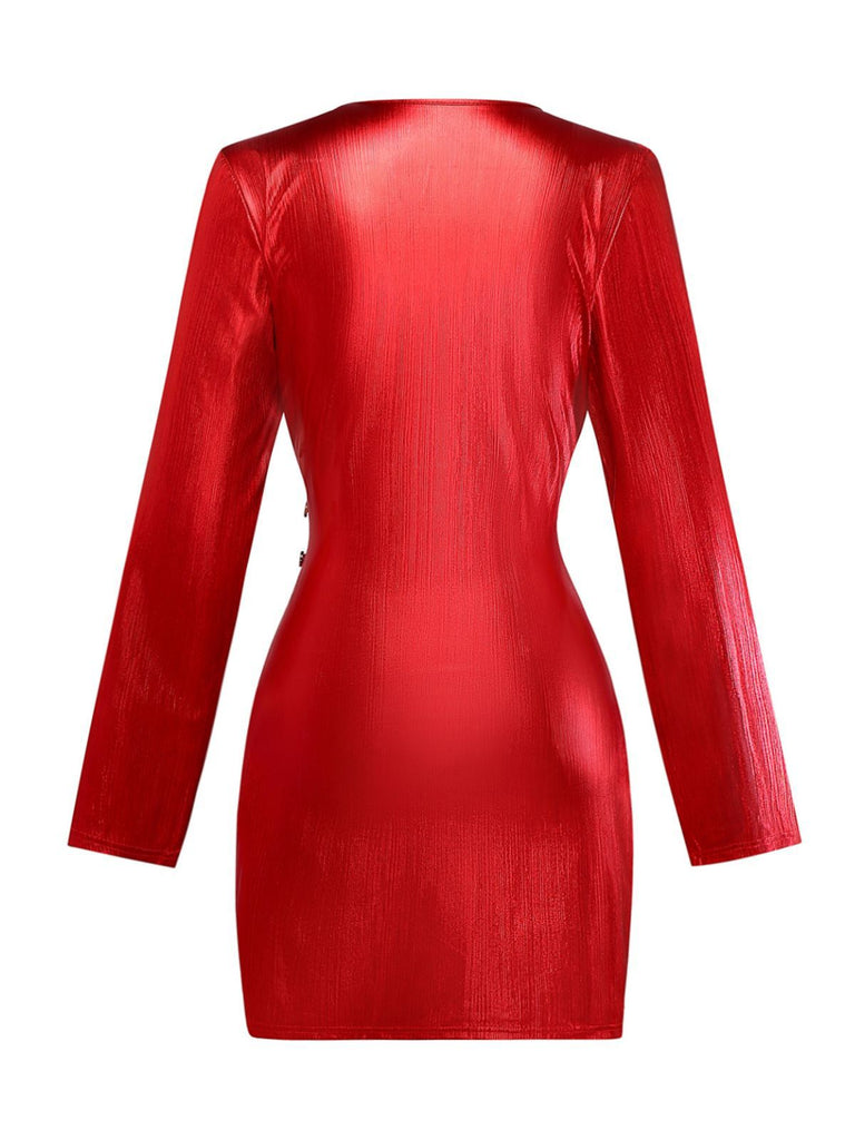 [Pré-vente] Robe moulante brillant rouge col en V et fente des années 1960