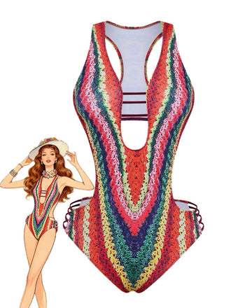 Maillot de bain rouge à bretelles découpes en forme toile d'araignée années 1960
