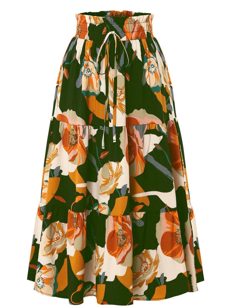 Jupe à volants style bohème à fleurs et nœud des années 1970