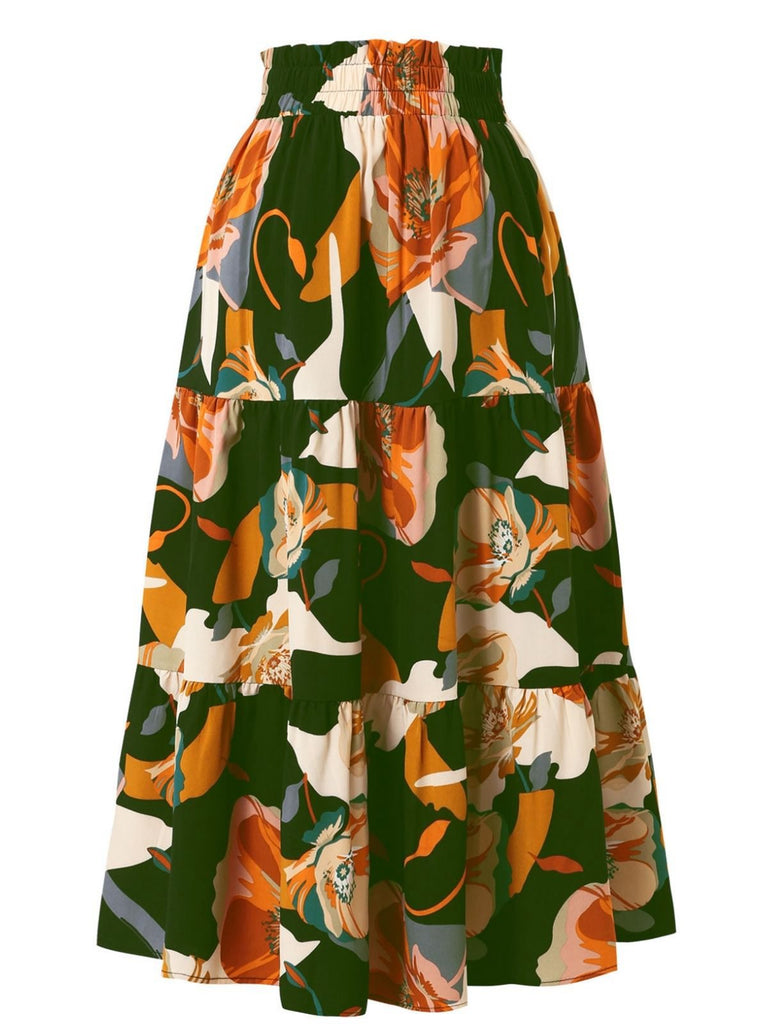 Jupe à volants style bohème à fleurs et nœud des années 1970