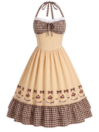 [Prévente] Robe volants et nœud caramel motif vichy et encolure dos nu années 1950